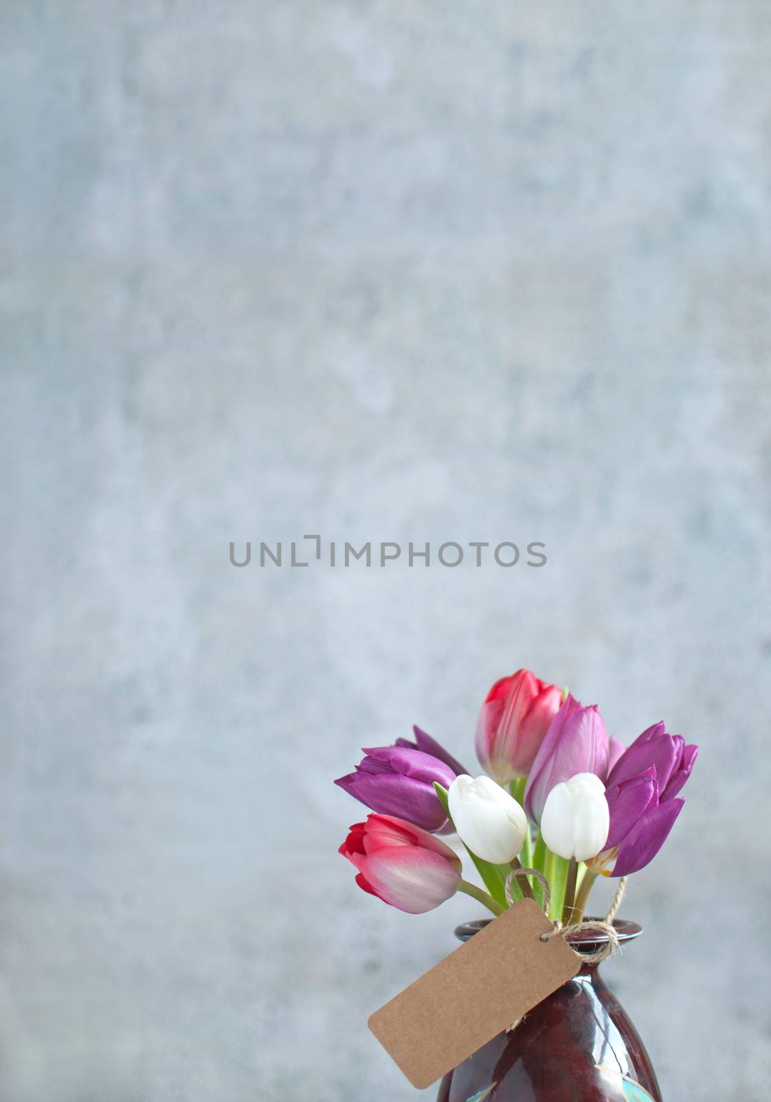 Selection of spring tulips with a gift label 