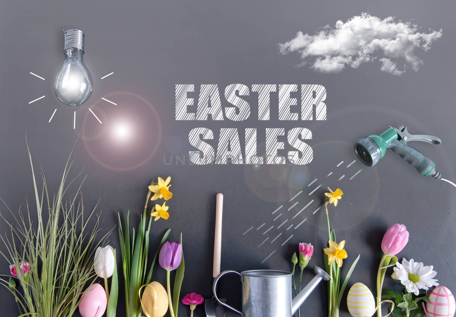 Easter sales garden background with light bulb as sun, clouds, and hose watering flowers laid flat on a chalkboard 