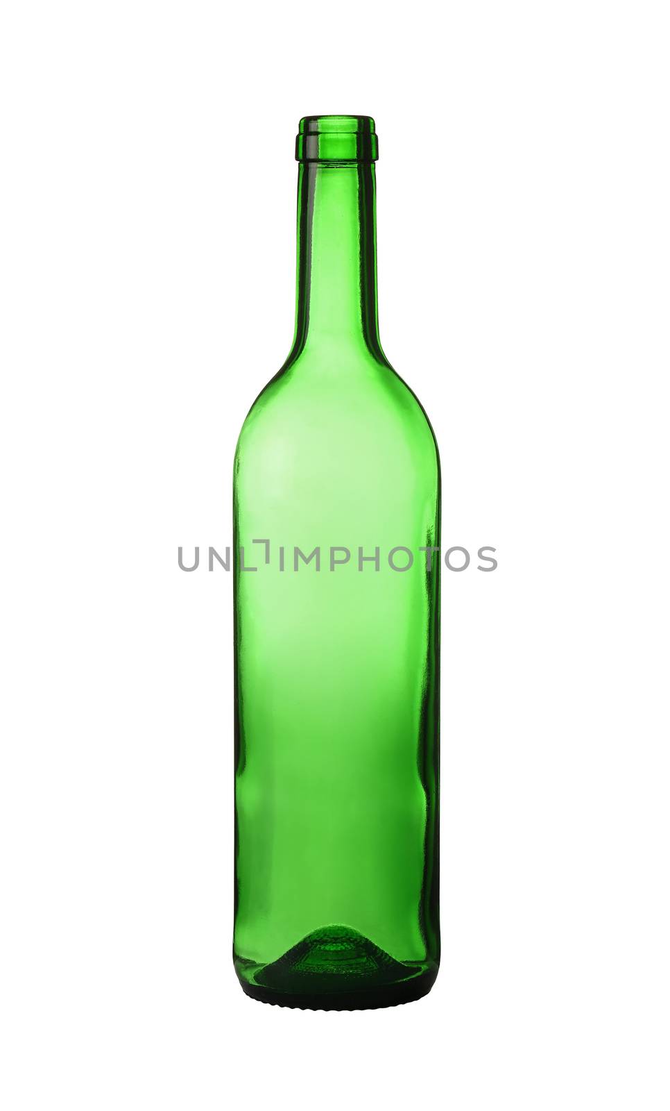 Close up one unlabeled empty green glass wine bottle isolated on white background, low angle side view