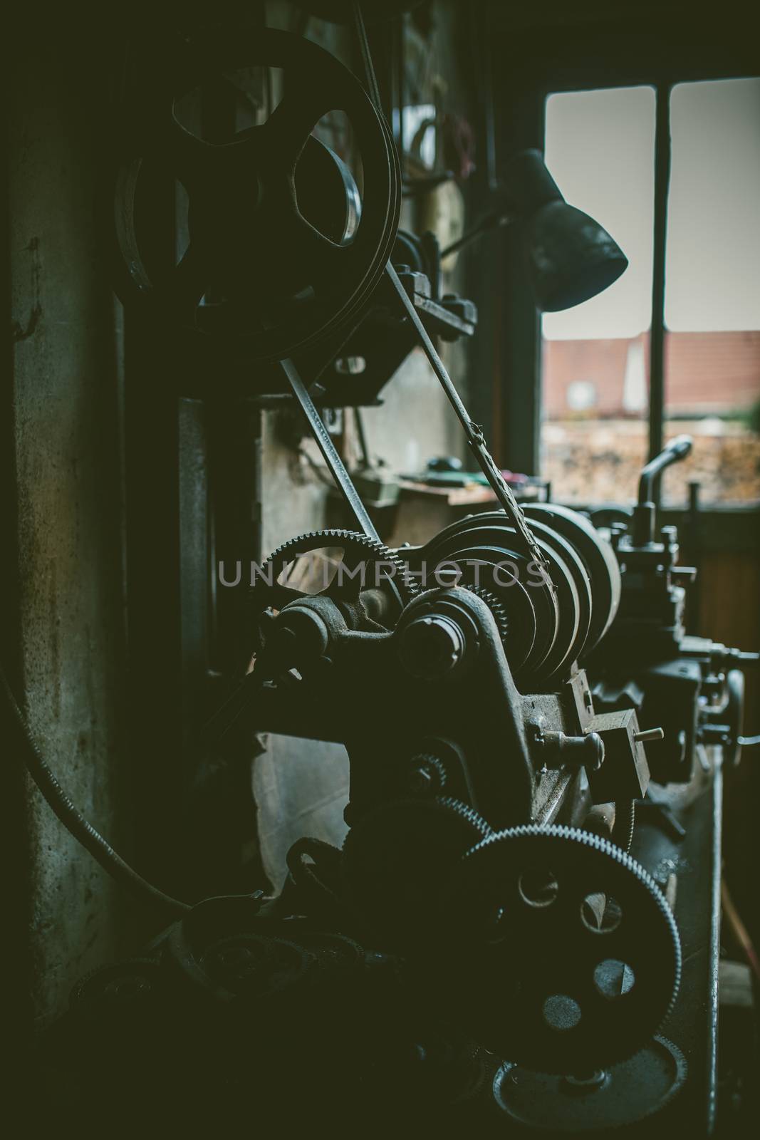 vintage metal turning machine in workshop