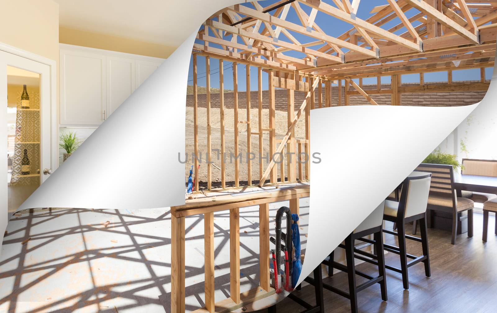 Kitchen Construction Framing with Page Corners Flipping to Completed Photo.