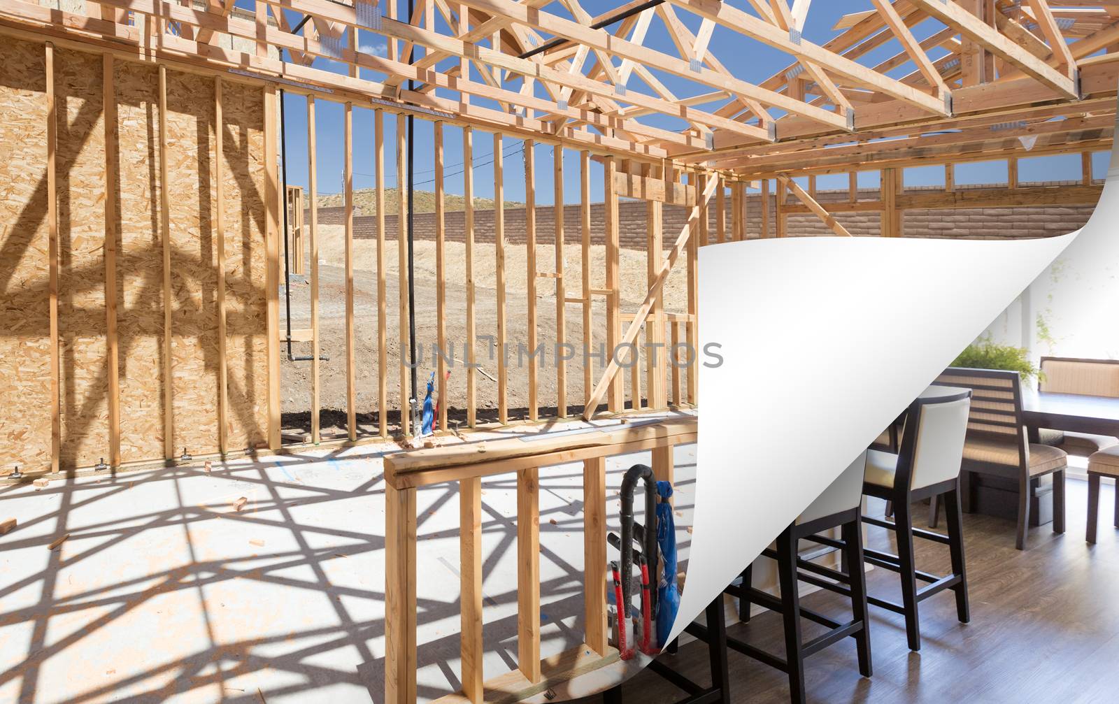 Kitchen Construction Framing with Page Corner Flipping to Completed Photo.