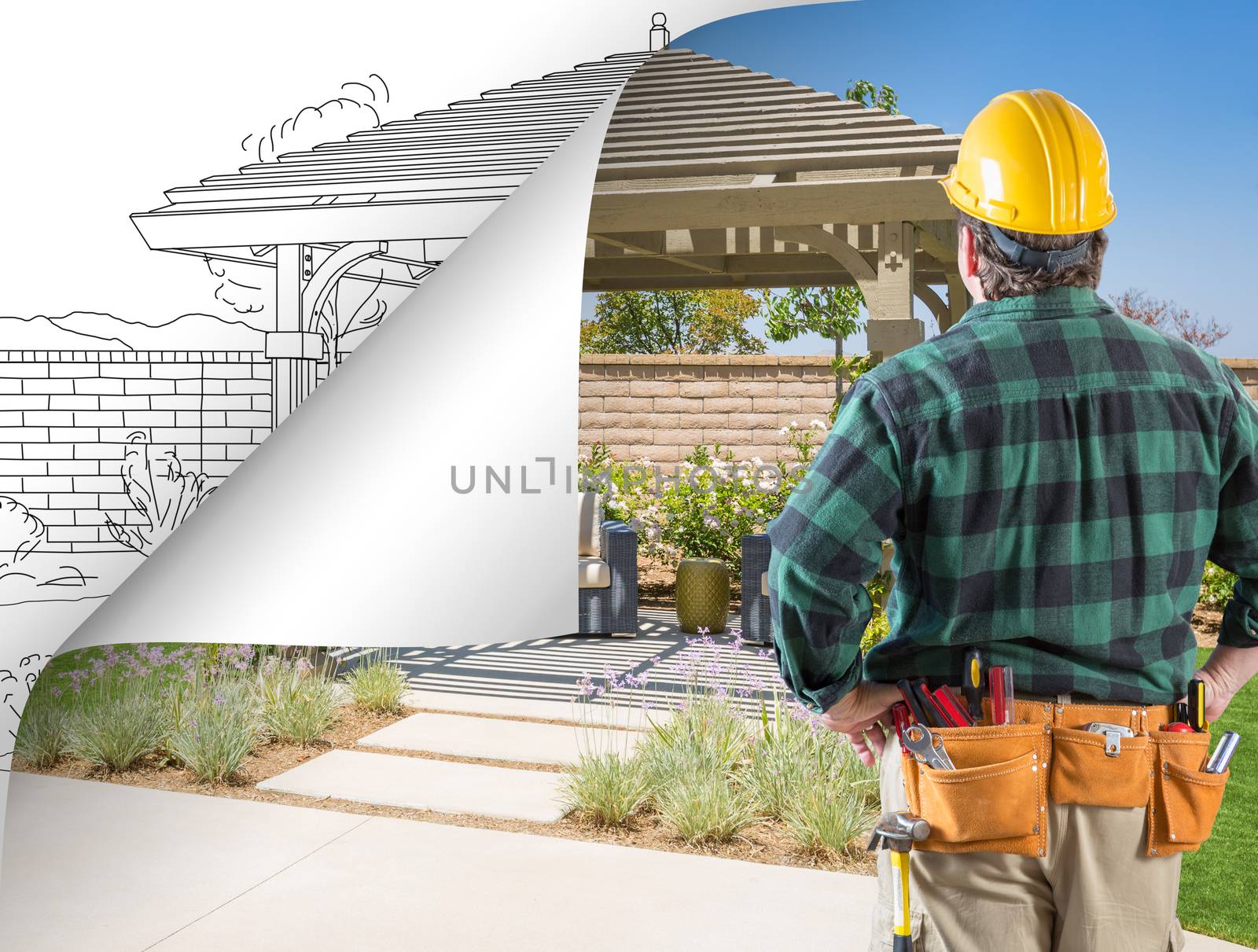 Contractor Facing Pergola Photo with Page Flipping to Drawing Behind by Feverpitched