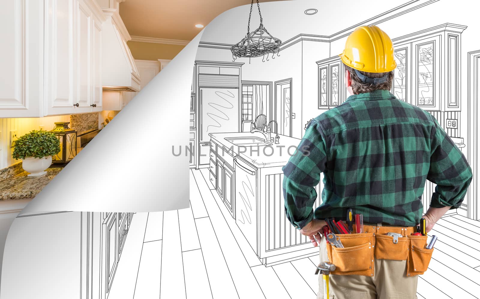 Contractor Facing Kitchen Drawing with Page Corner Flipping to Completed Photo Behind.