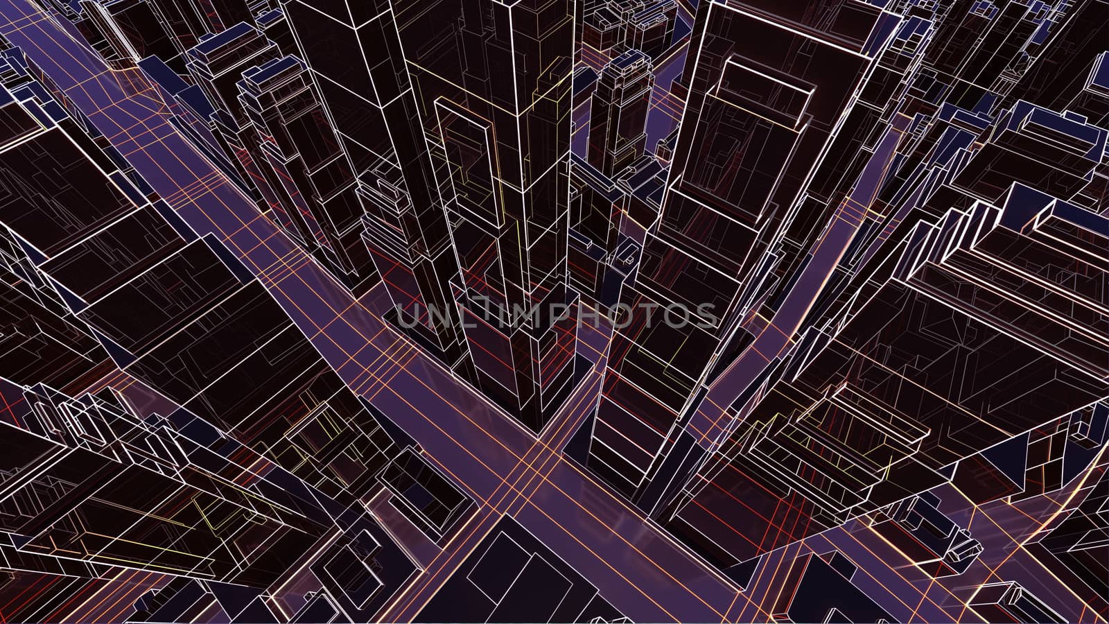 Abstract 3D city with luminous lines by cherezoff