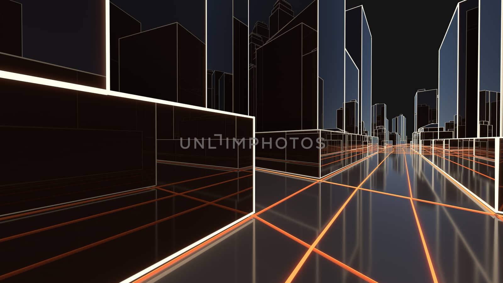 Abstract 3D city with luminous lines by cherezoff