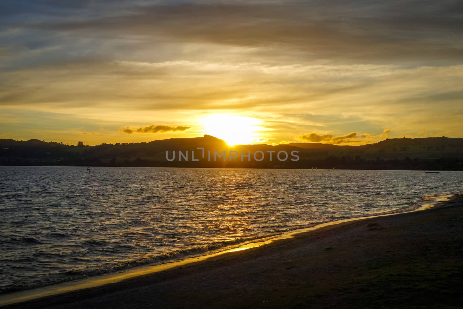 Taupo Lake landscape at sunset, New Zealand