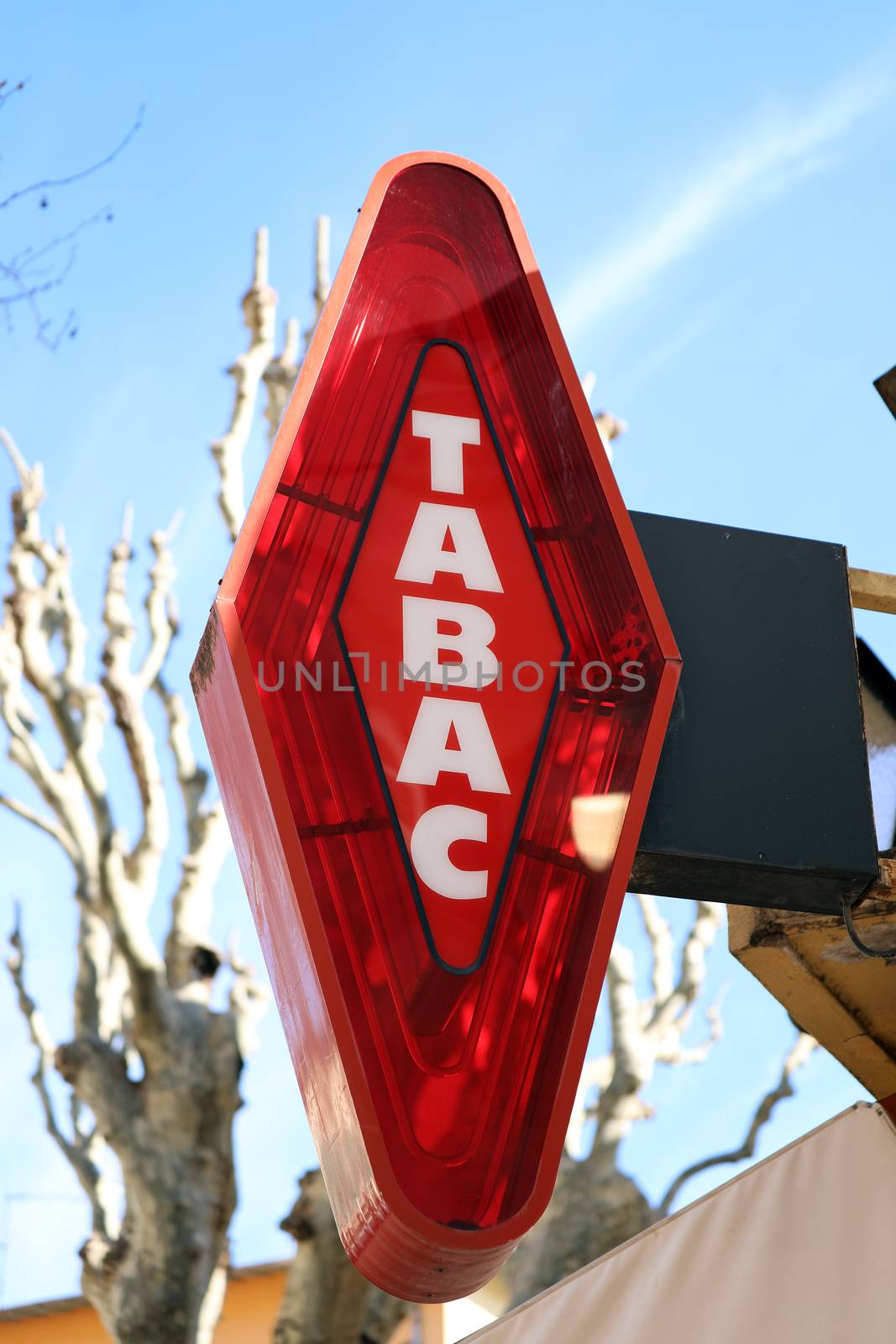 French Red And White Sign Tabac. In France "Tabac" Means Tobacco