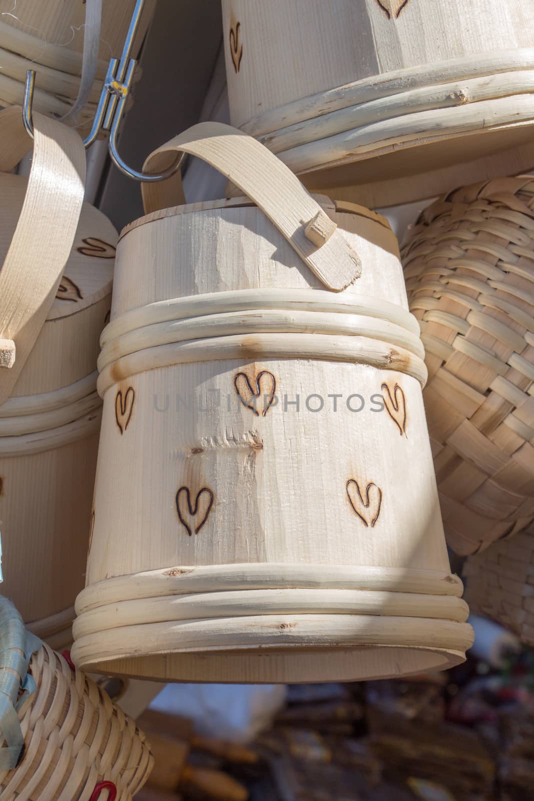 Empty wooden baskets for sale in a market place