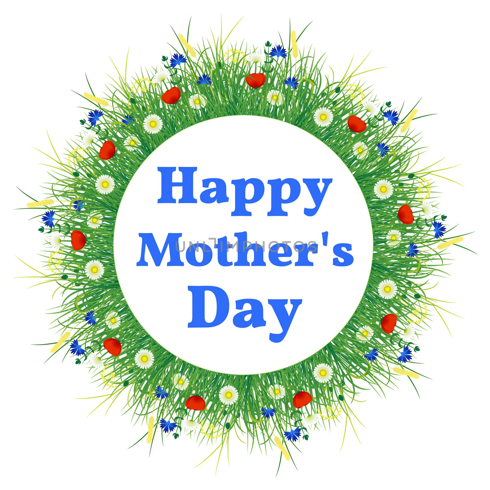 Happy Mothers Day. Name of the holiday. Background of a wreath of meadow flowers