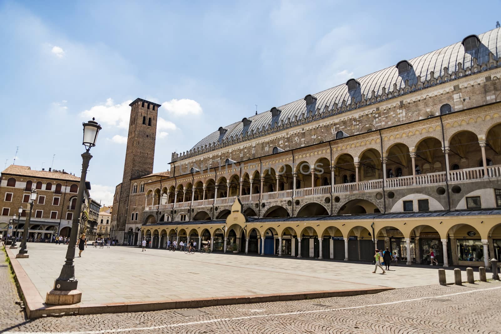 PADUA, ITALY - JULY 2, 2017: The Palazzo della Ragione is old town hall, located on the territory of the city market, between two squares Piazza della Frutta and della Erbe, on July 2, 2017 in Padua.