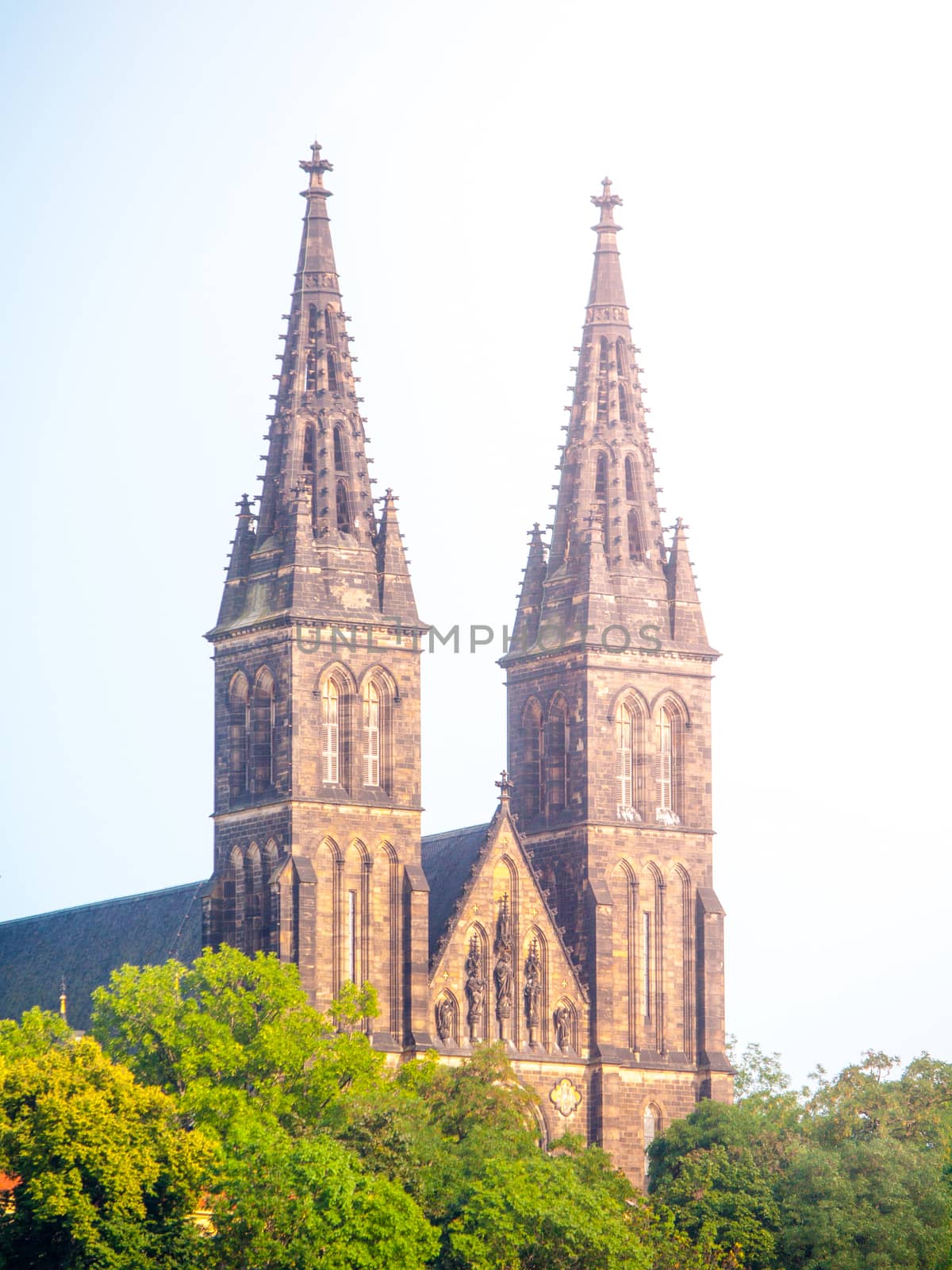 Two towers of Basilica of Saint Peter and Paul in Vysehrad complex, Prague, Czech Republic by pyty