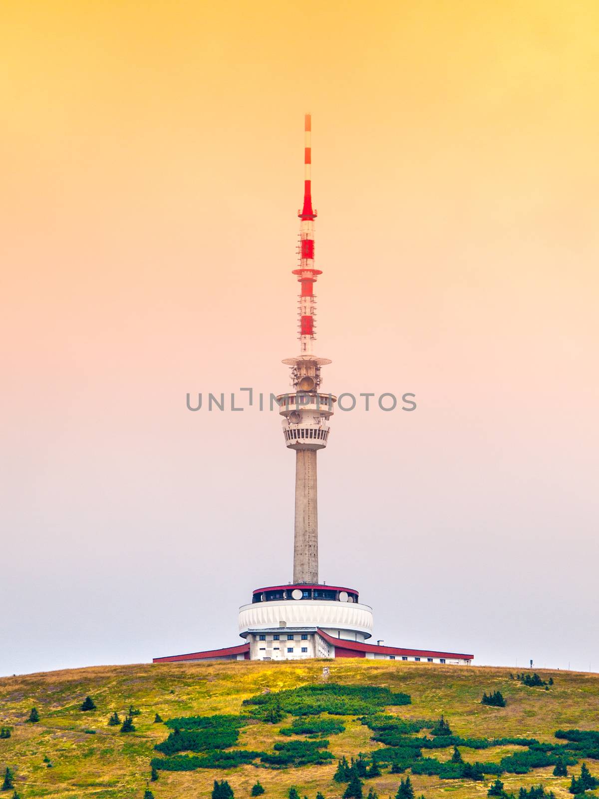 TV transmitter and lookout tower on the summit of Praded Mountain, Hruby Jesenik, Czech Republic by pyty
