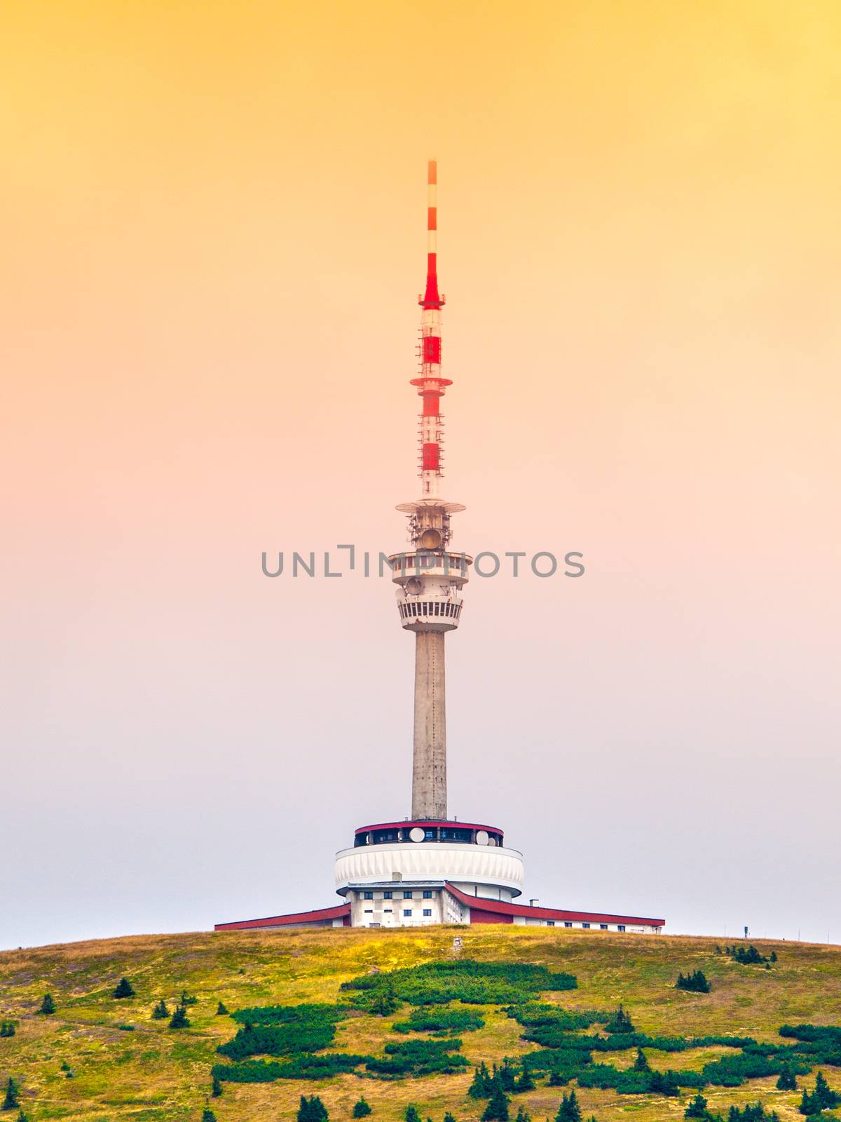 TV transmitter and lookout tower on the summit of Praded Mountain, Hruby Jesenik, Czech Republic.