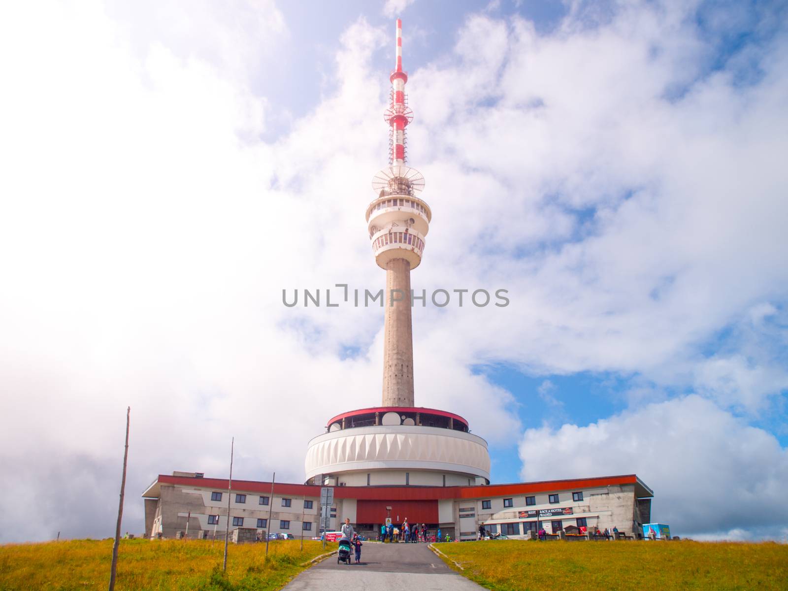 TV transmitter and lookout tower on the summit of Praded Mountain, Hruby Jesenik, Czech Republic.