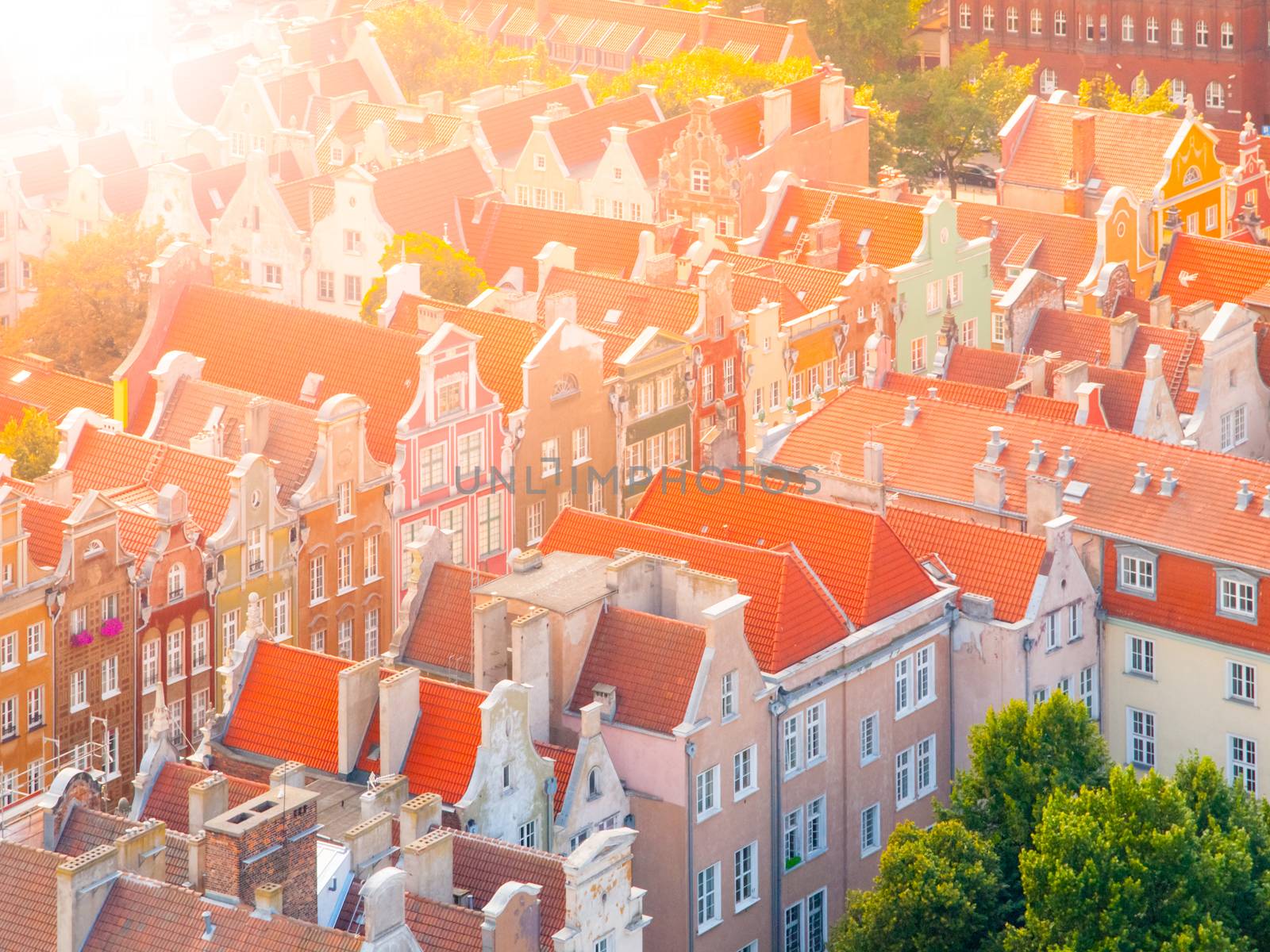 Aerial view of red houses rooftops in Gdansk, Poland.