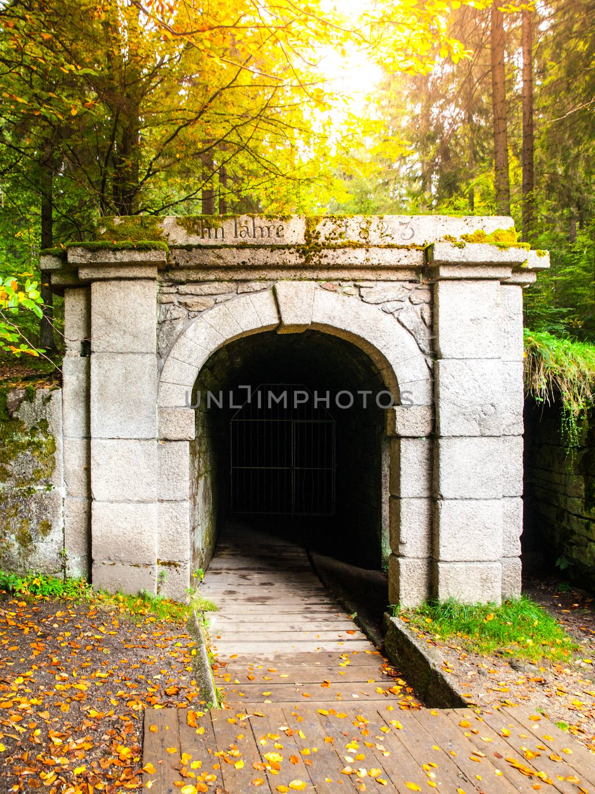 Lower entrance to tunnel of historical Schwarzenberg shipping canal, Sumava Mountains, Czech Republic by pyty