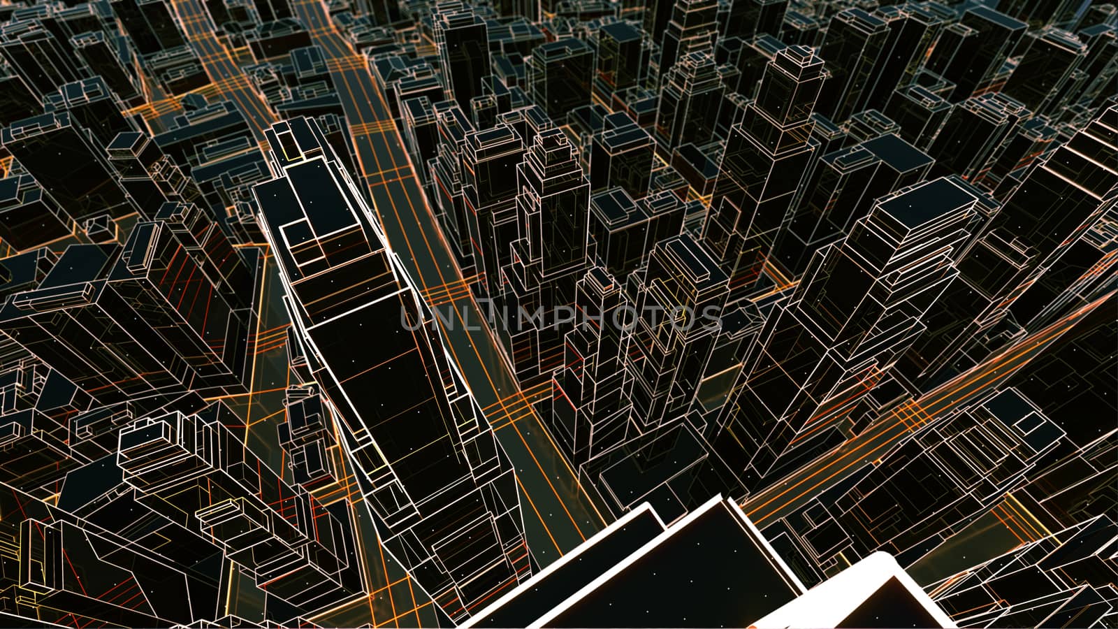 Abstract 3D city with luminous lines and black mirror buildings. The concept of new technologies. 3d illustration