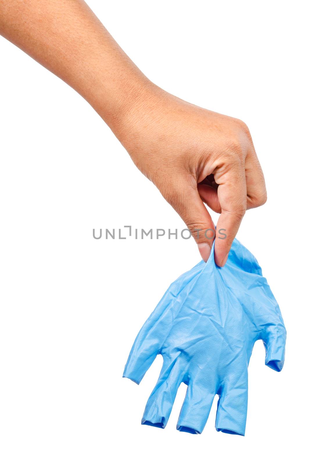 Hand throwing away blue disposable gloves medical, Isolated on white background, Save clipping path. Infection control concept.