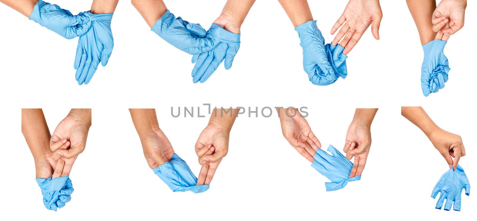 Step of hand throwing away blue disposable gloves medical, Isolated on white background. Infection control concept.