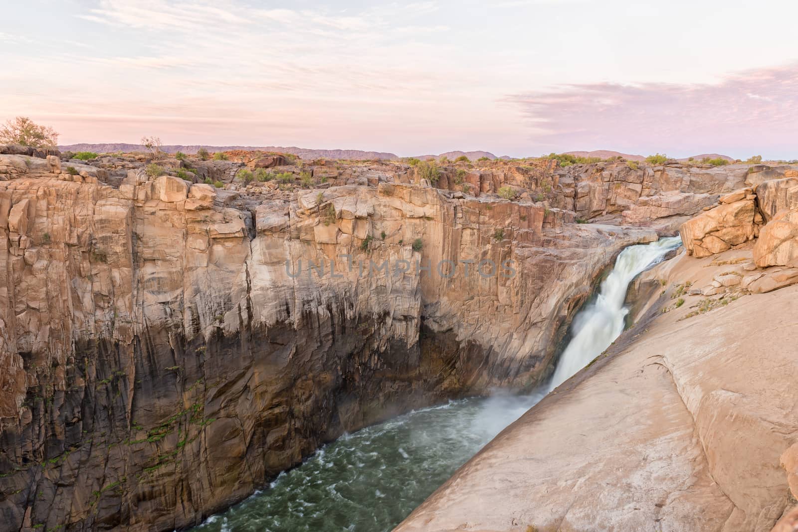 The main Augrabies waterfall at sunset, Northern Cape Province of South Africa