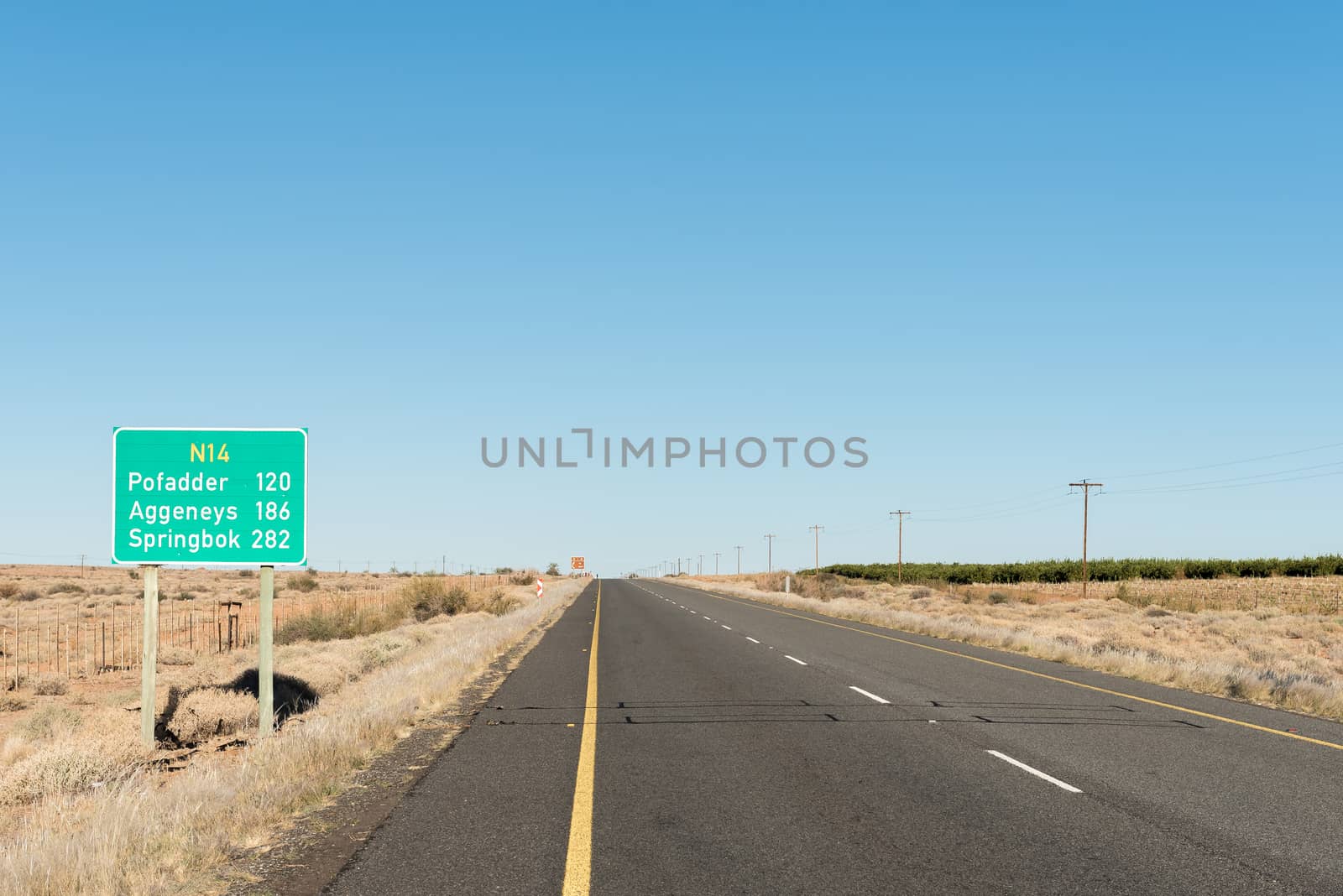 A distance sign on the N14 road between Kakamas and Pofadder in the Northern Cape Province