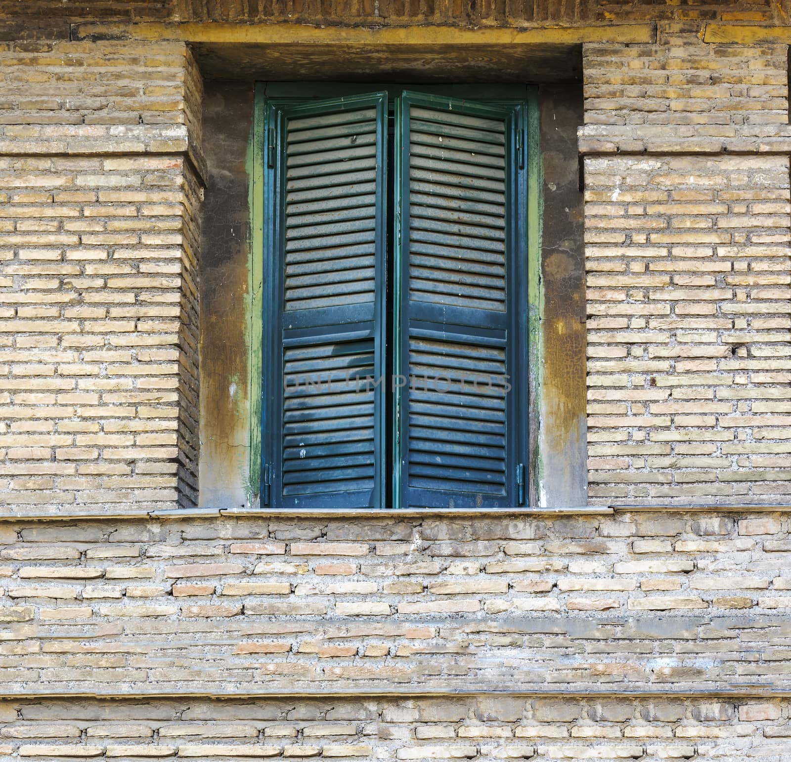 Green window shutters in a bricked wall