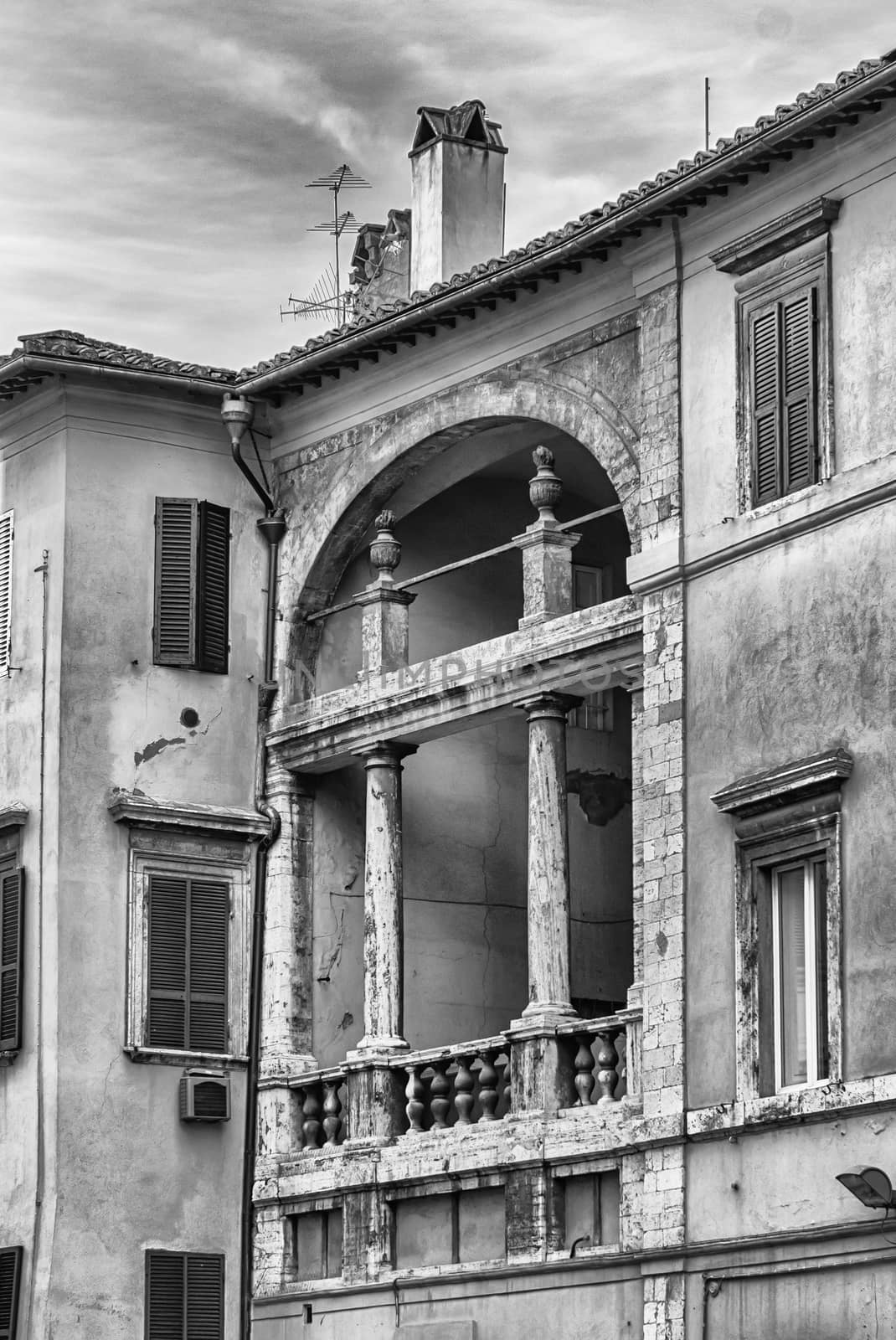 Scenic ancient balcony in Corso Vannucci, main street of Perugia, Italy