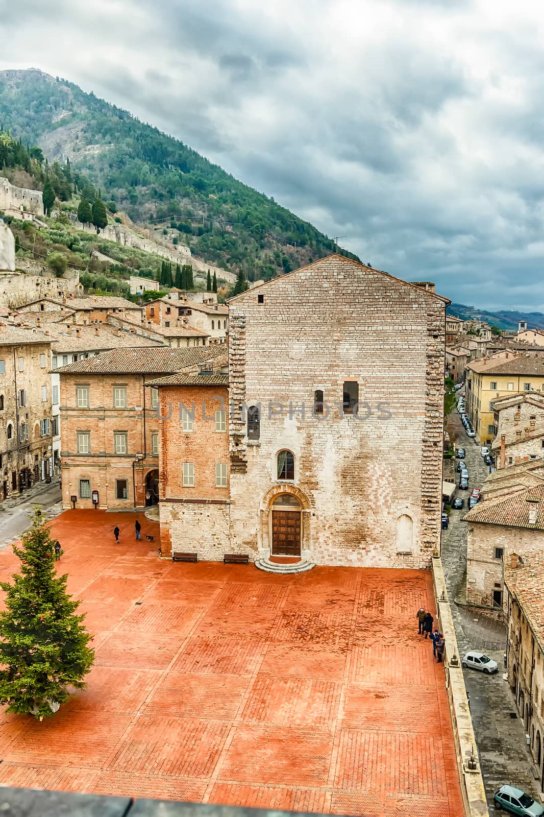 Aerial view of Piazza Grande, scenic main square in Gubbio, one of the most beautiful medieval towns in central Italy