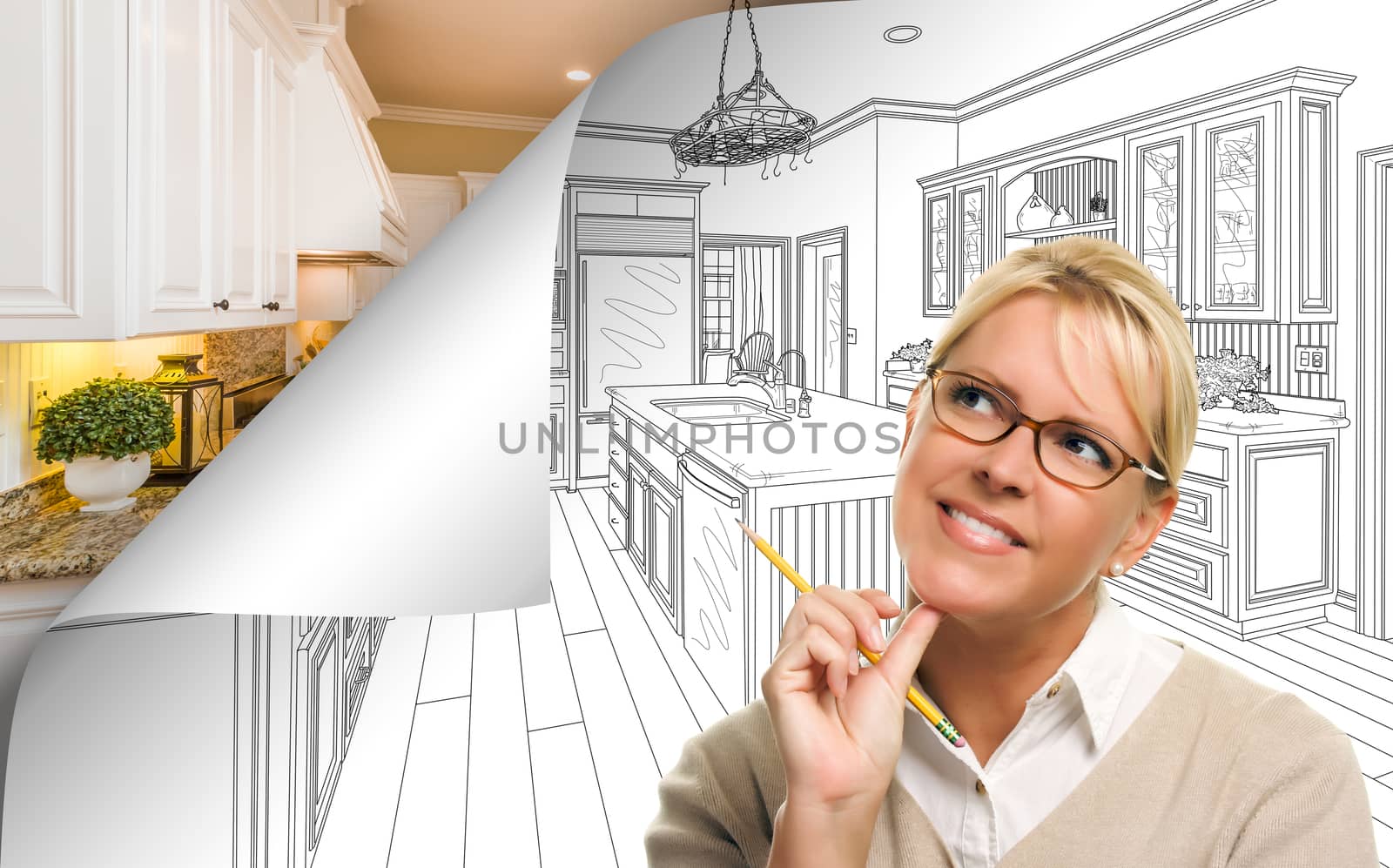 Woman Facing Kitchen Drawing Page Corner Flipping with Photo Behind. by Feverpitched
