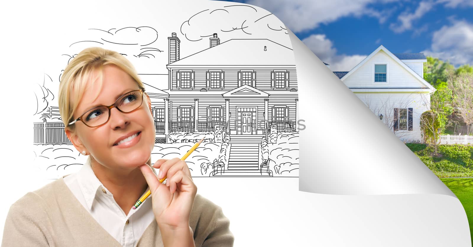 Woman Facing House Drawing Page Corner Flipping with Photo Behind.