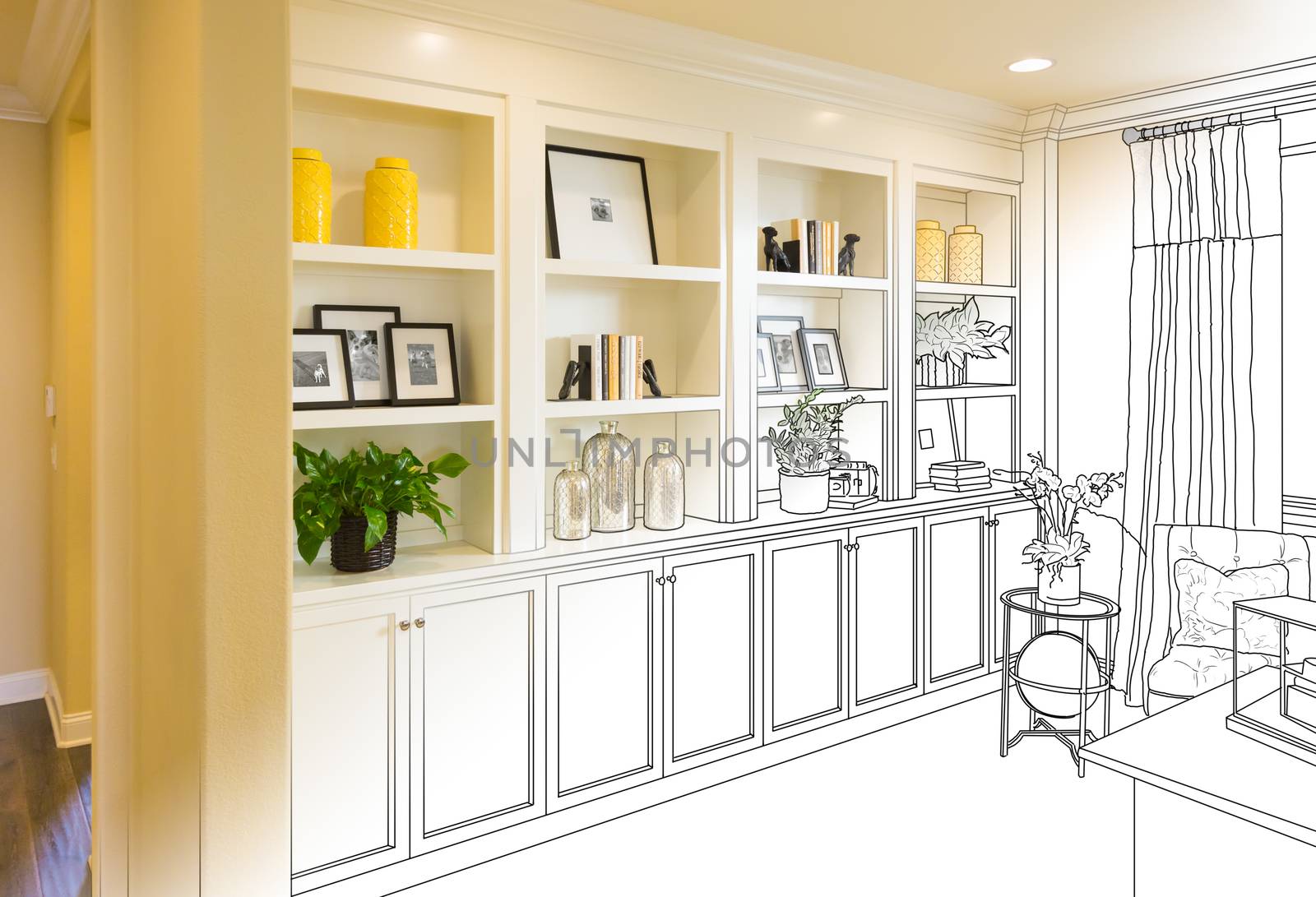 Custom Built-in Shelves and Cabinets Design Drawing Gradating to Finished Photo. by Feverpitched