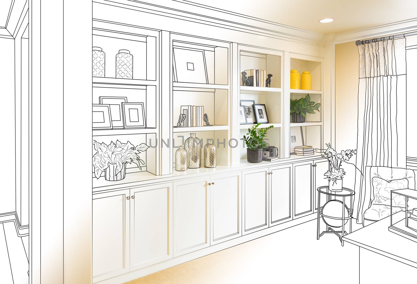 Custom Built-in Shelves and Cabinets Design Drawing Gradating to Finished Photo. by Feverpitched