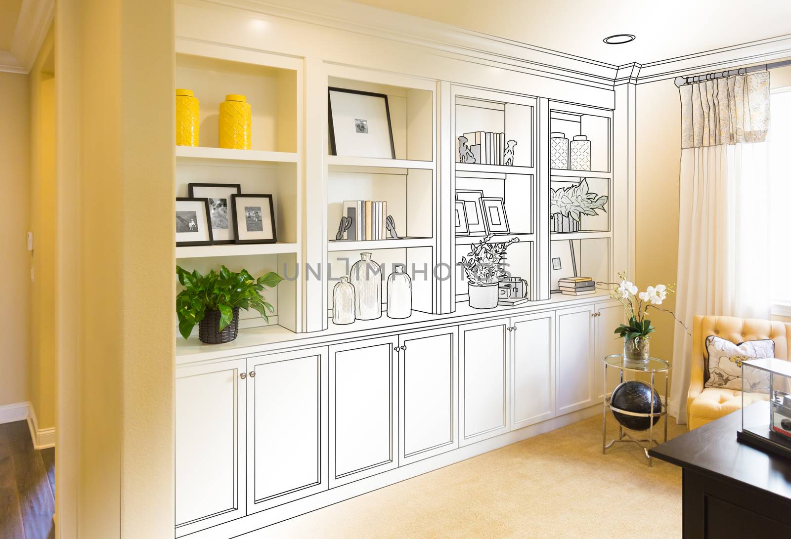 Custom Built-in Shelves and Cabinets Design Drawing Gradating to Finished Photo. by Feverpitched