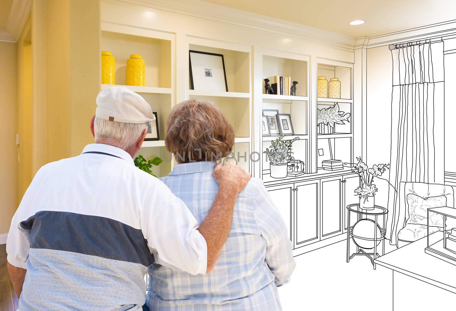 Senior Couple Facing Custom Built-in Shelves and Cabinets Design Drawing Gradating to Finished Photo.