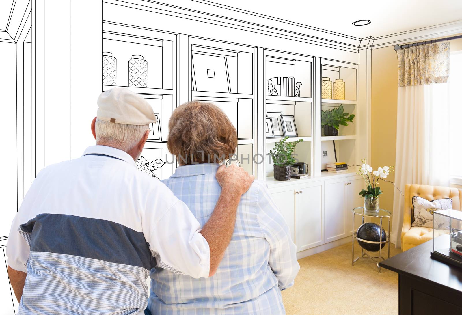 Senior Couple Facing Custom Built-in Shelves and Cabinets Design Drawing Gradating to Finished Photo. by Feverpitched