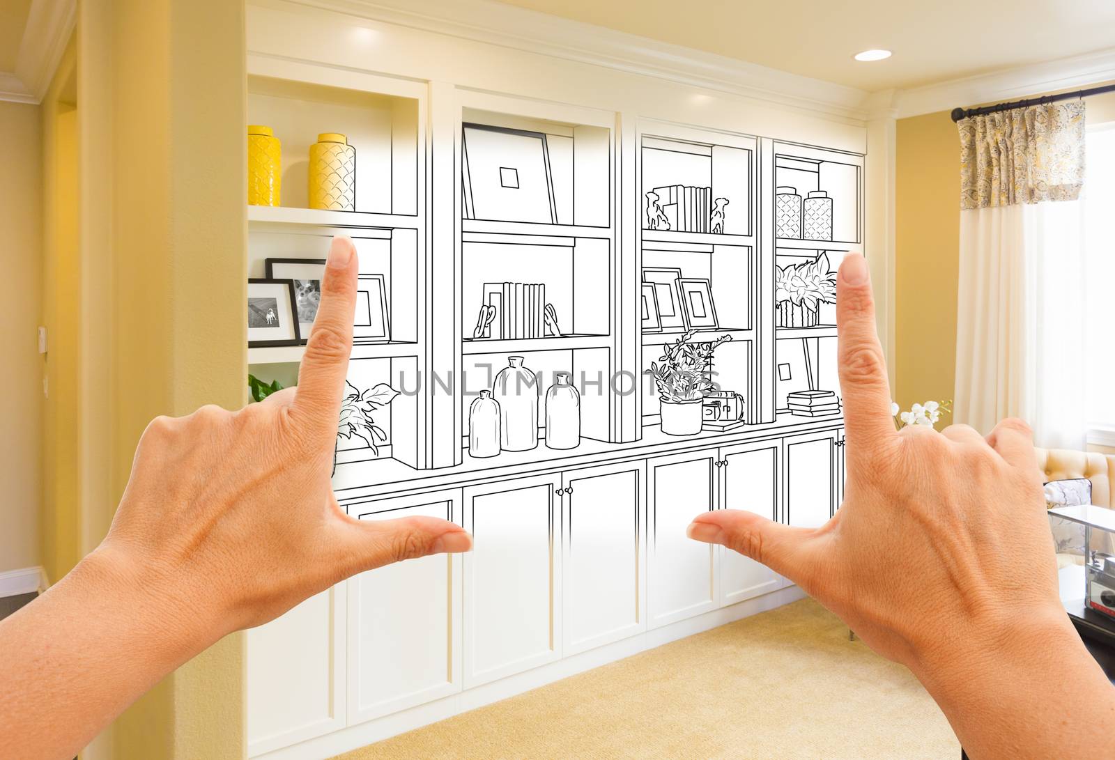 Hands Framing Custom Built-in Shelves and Cabinets Design Drawing with Section of Finished Photo. by Feverpitched