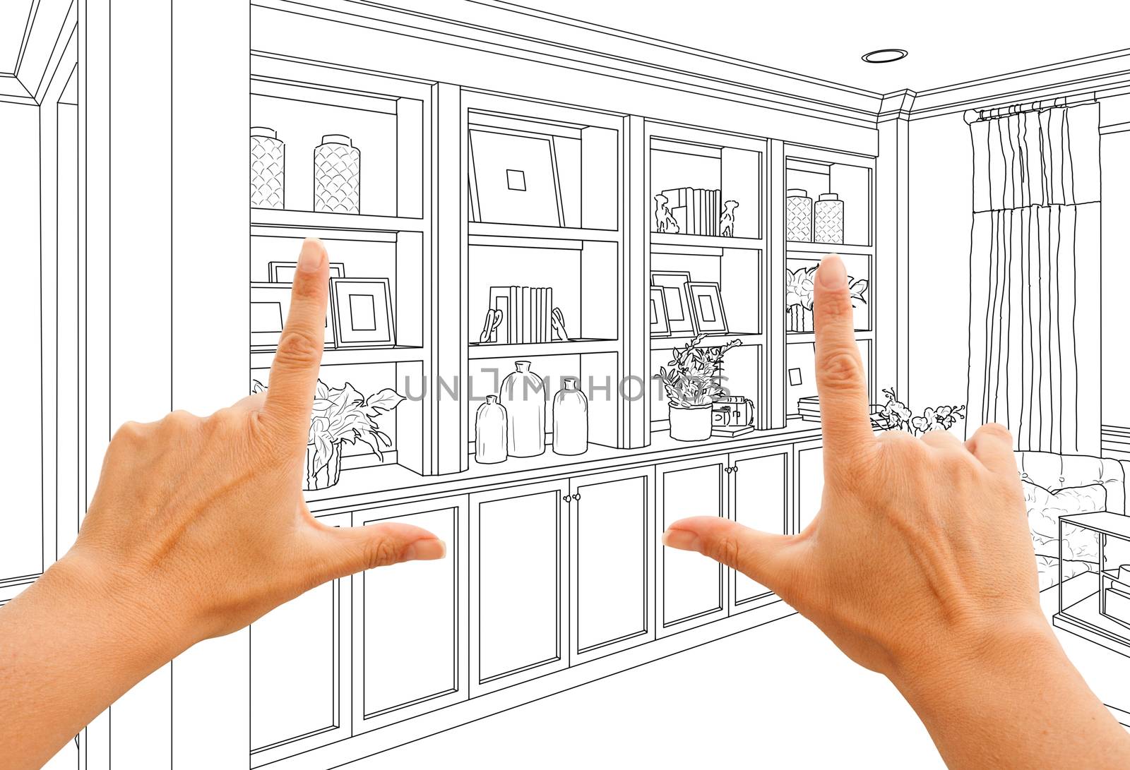 Hands Framing Custom Built-in Shelves and Cabinets Design Drawing.