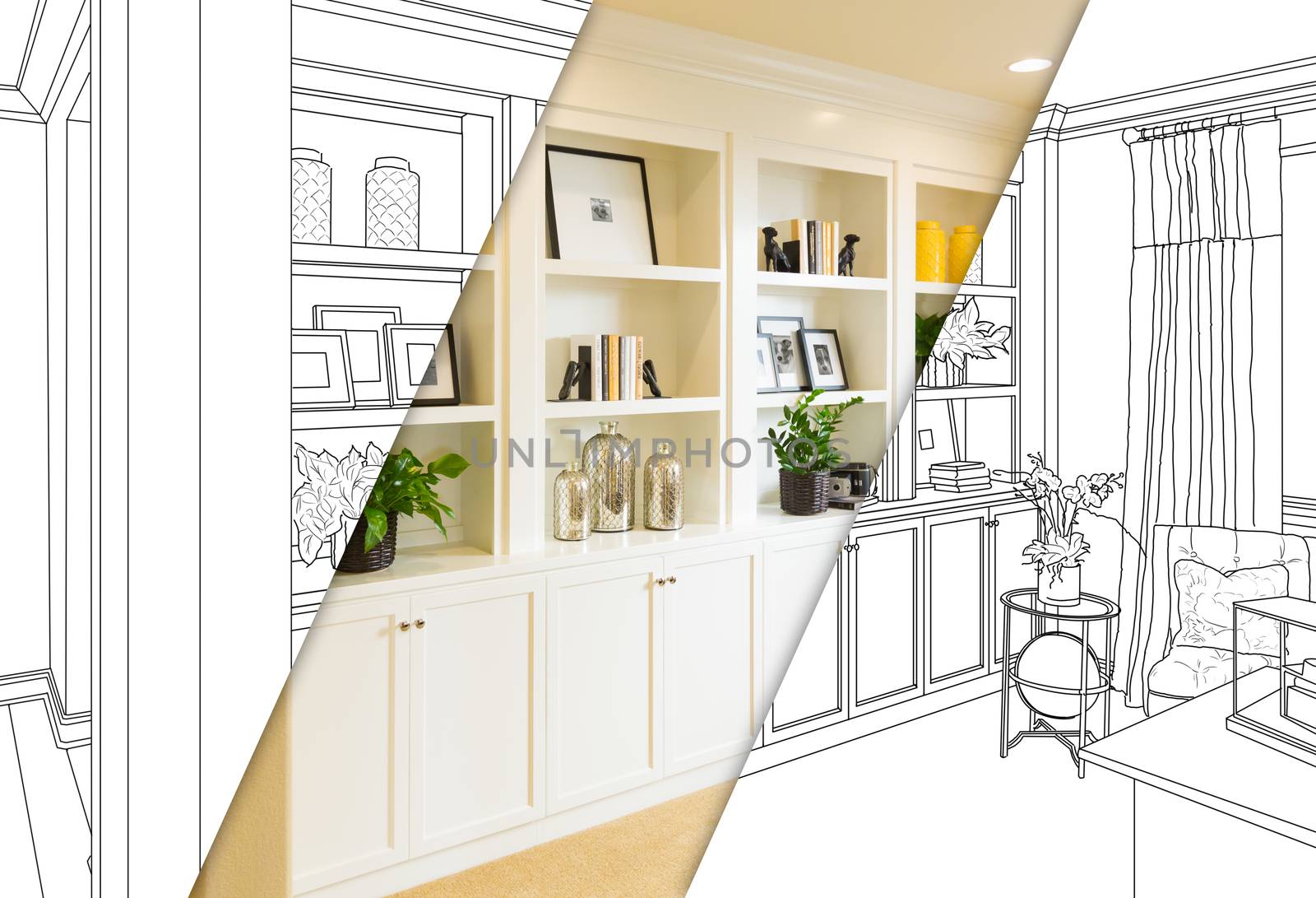 Custom Built-in Shelves and Cabinets Design Drawing with Cross Section of Finished Photo. by Feverpitched