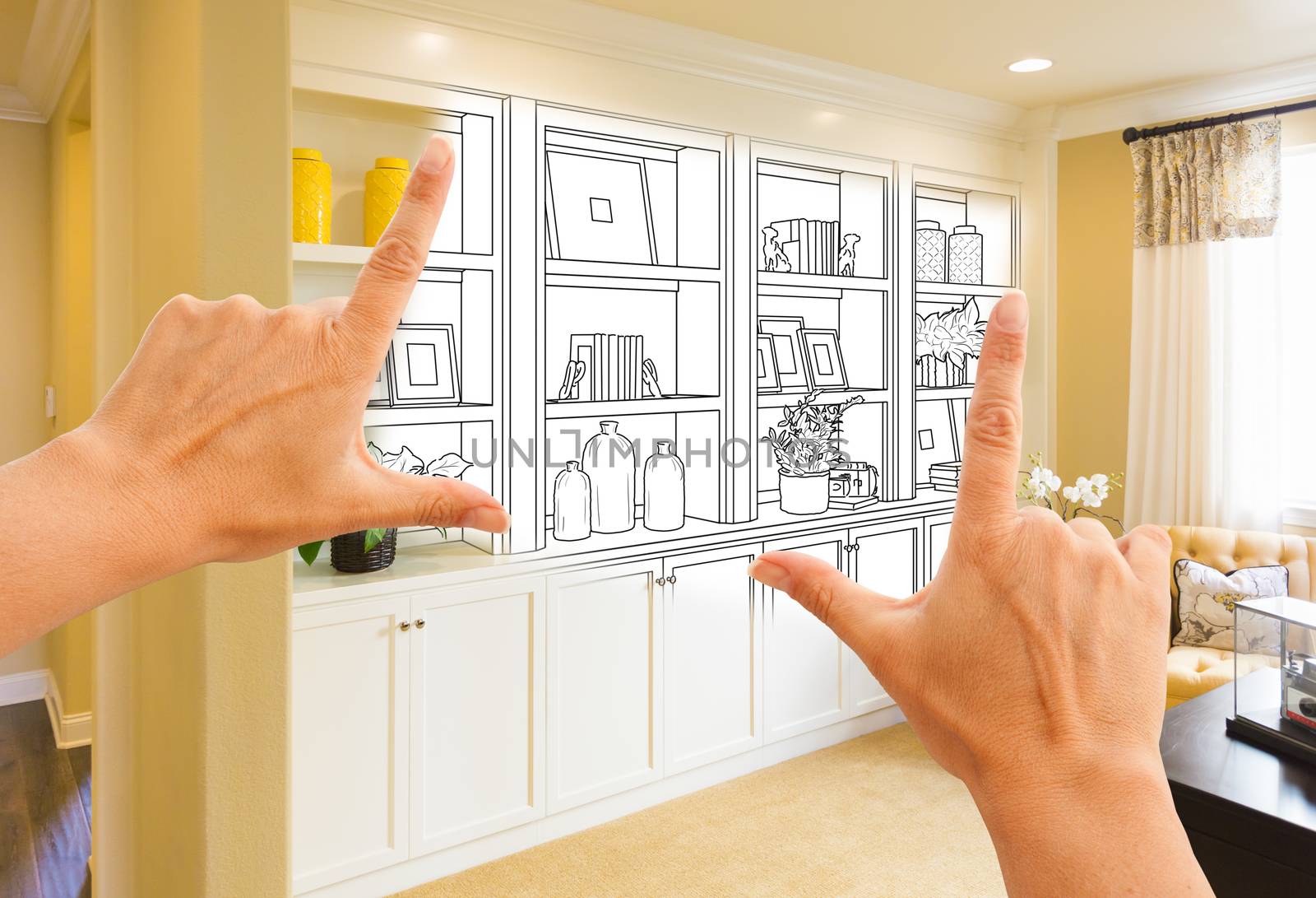 Hands Framing Custom Built-in Shelves and Cabinets Design Drawing with Section of Finished Photo. by Feverpitched