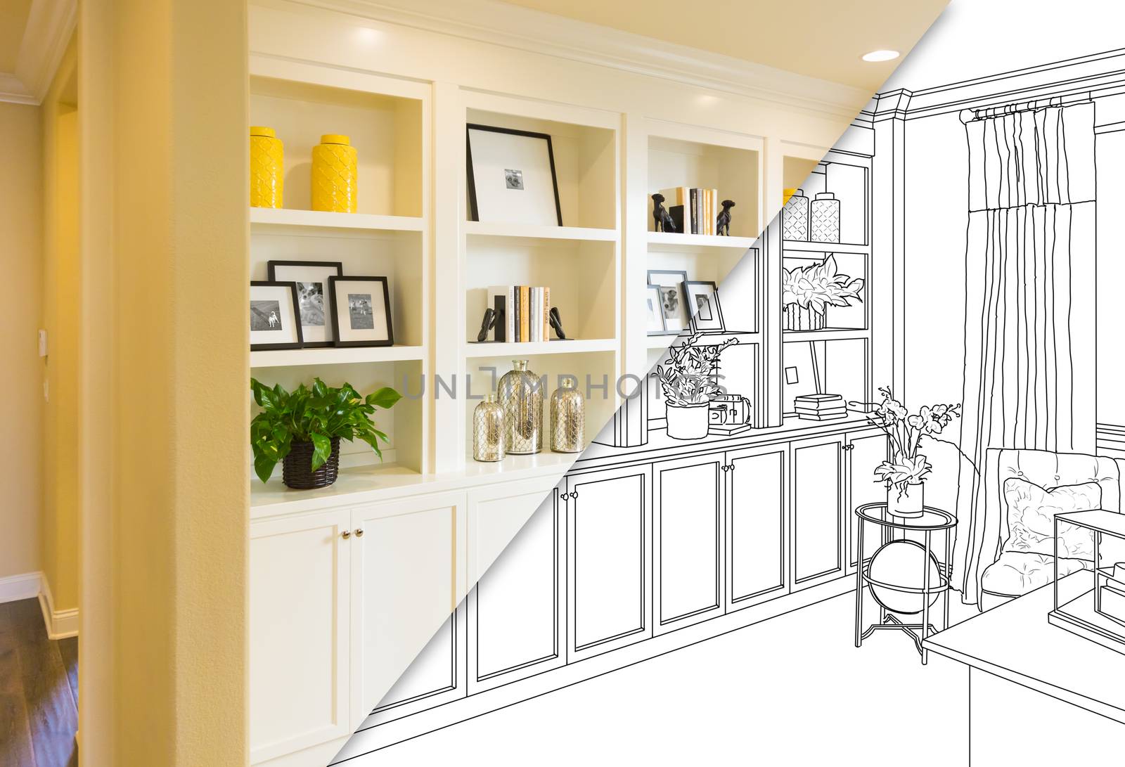 Custom Built-in Shelves and Cabinets Design Drawing with Cross Section of Finished Photo. by Feverpitched