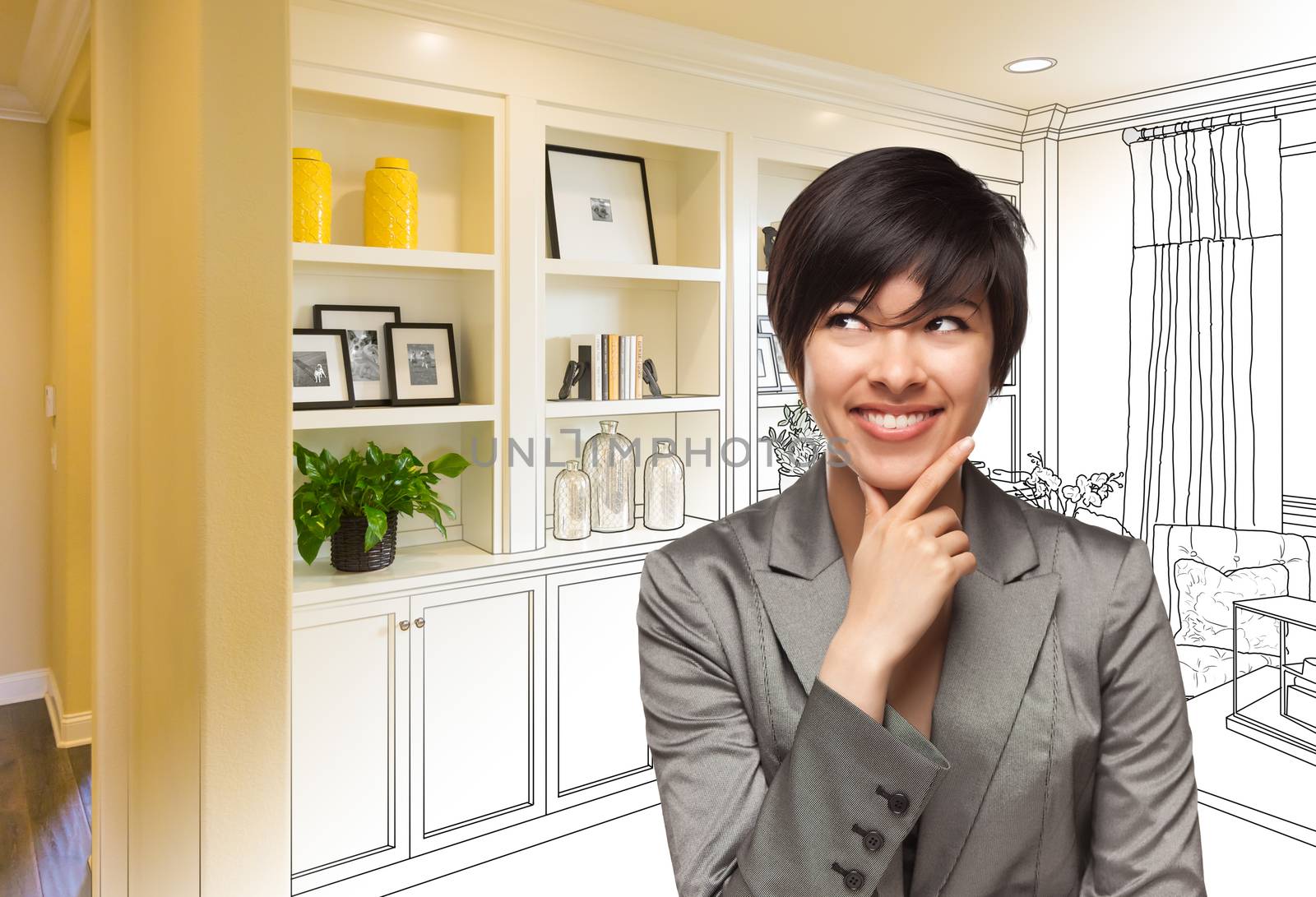 Young Woman Over Custom Built-in Shelves and Cabinets Design Drawing Gradating to Finished Photo. by Feverpitched