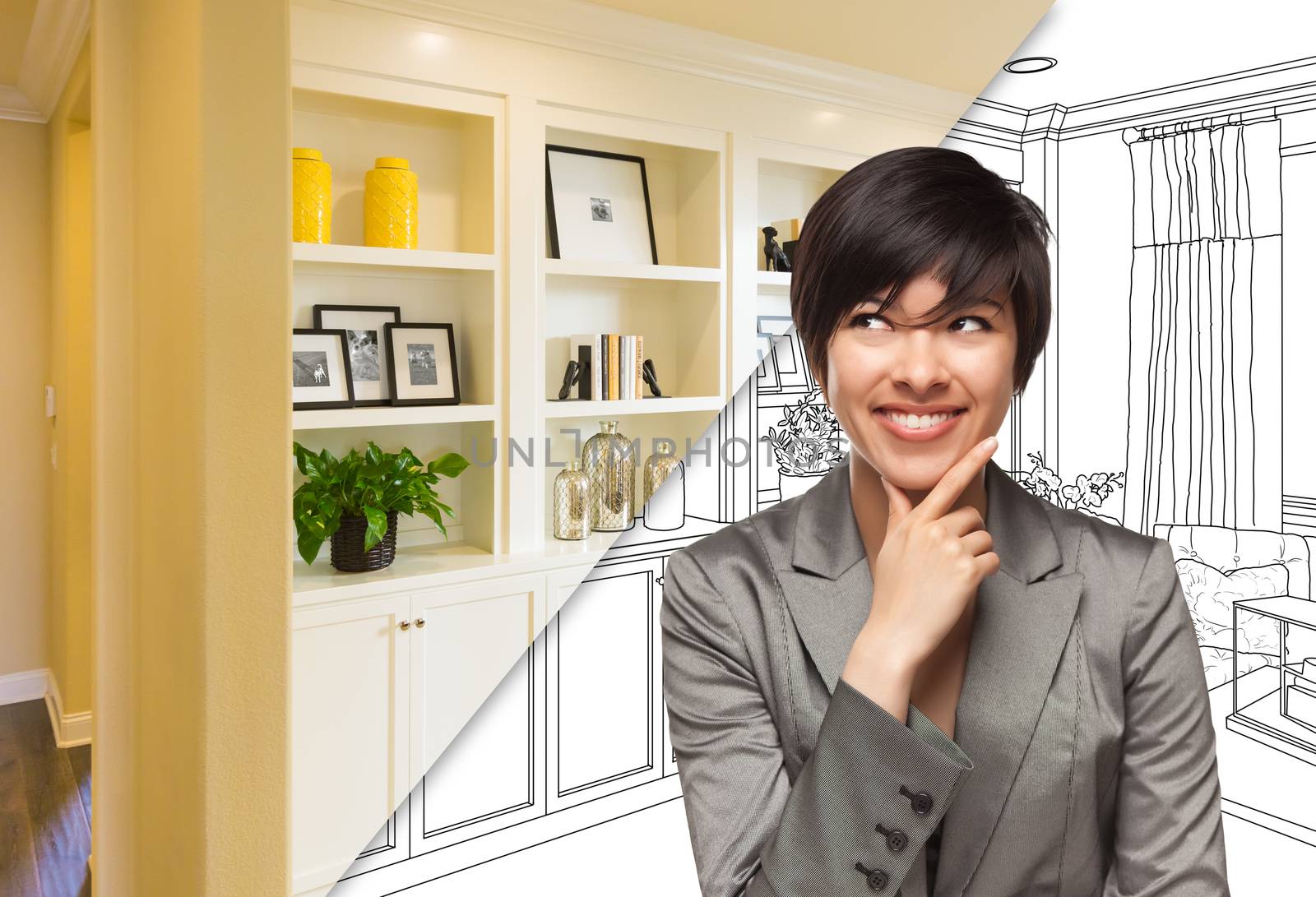 Young Woman Over Custom Built-in Shelves and Cabinets Design Drawing to Cross Section of Finished Photo.