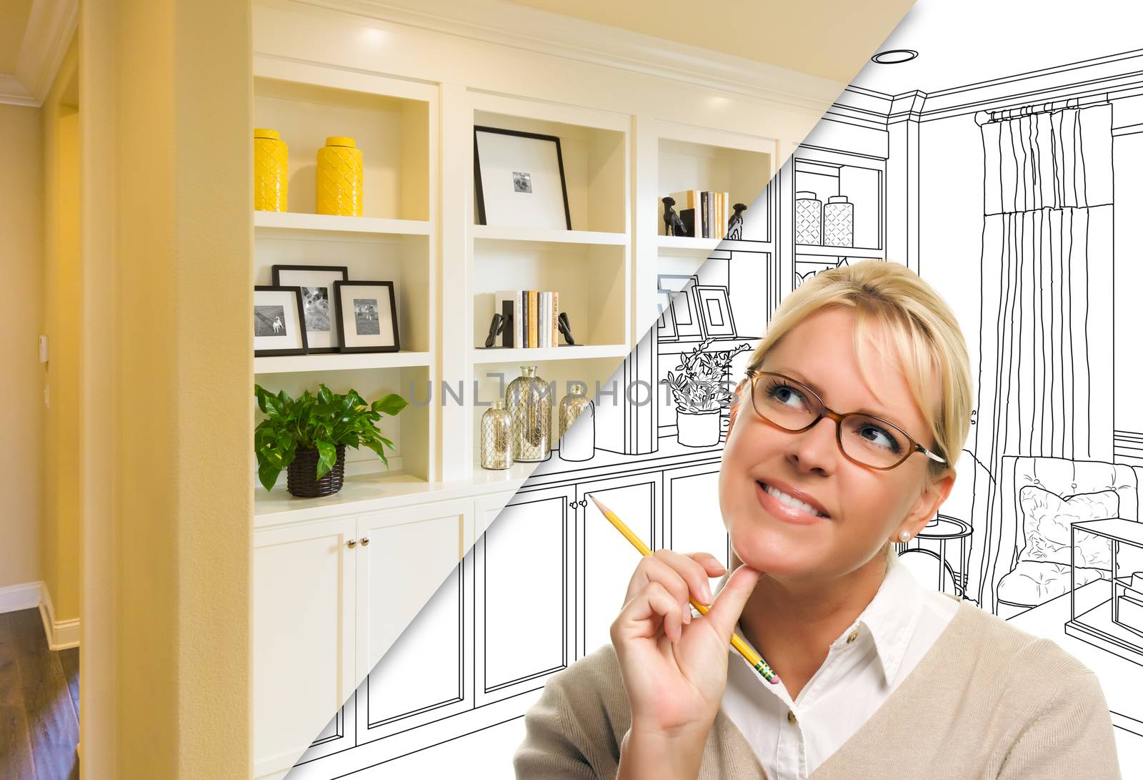 Young Woman Over Custom Built-in Shelves and Cabinets Design Drawing to Cross Section of Finished Photo.