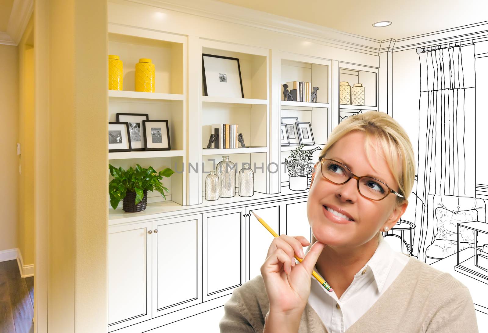 Young Woman Over Custom Built-in Shelves and Cabinets Design Drawing Gradating to Finished Photo.