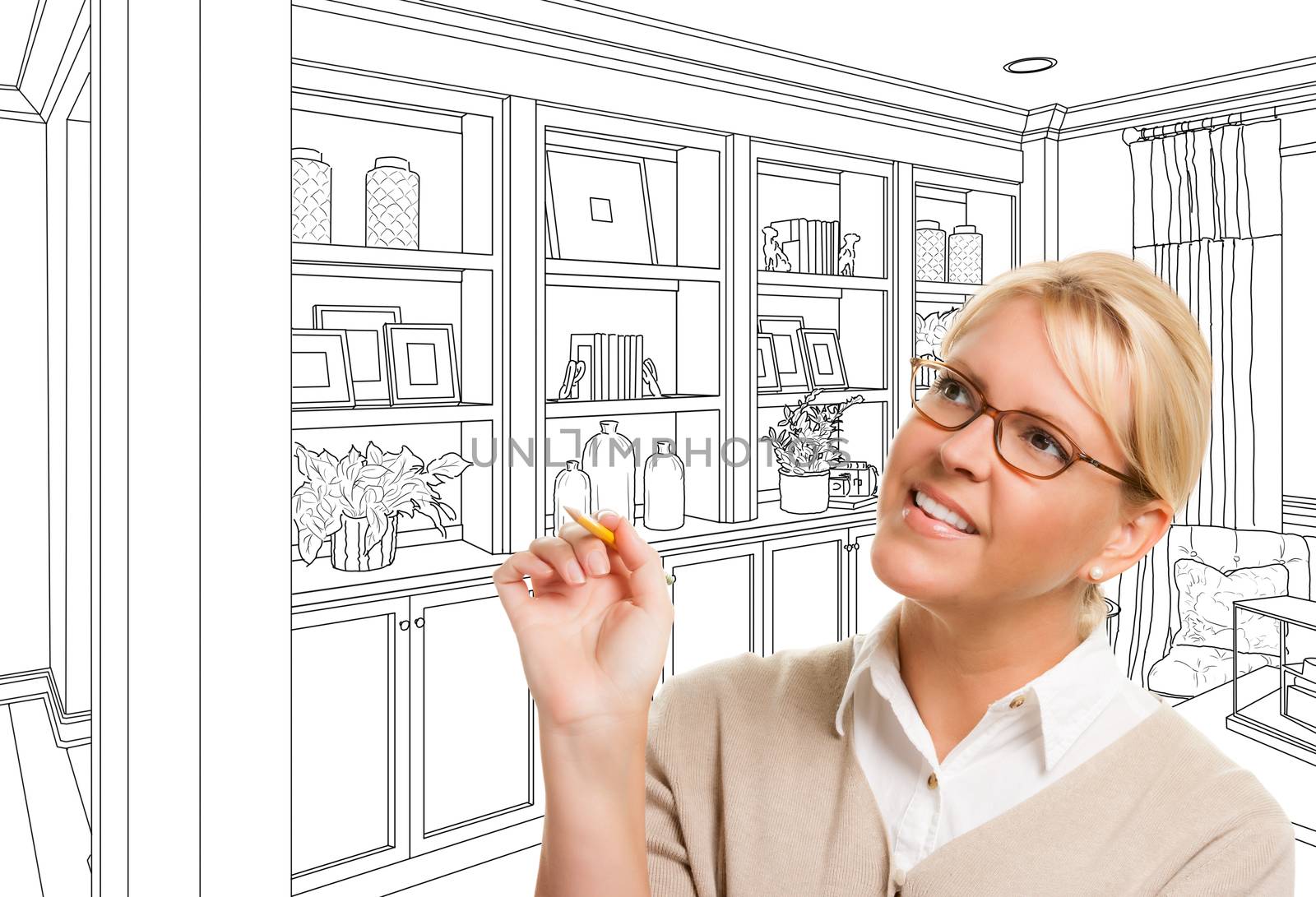 Young Woman Over Custom Built-in Shelves and Cabinets Design Drawing.