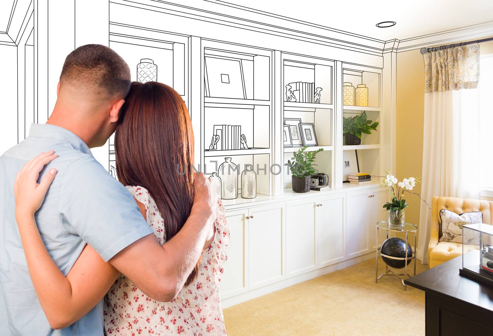 Young Military Couple Facing Custom Built-in Shelves and Cabinets Design Drawing Gradating to Finished Photo. by Feverpitched