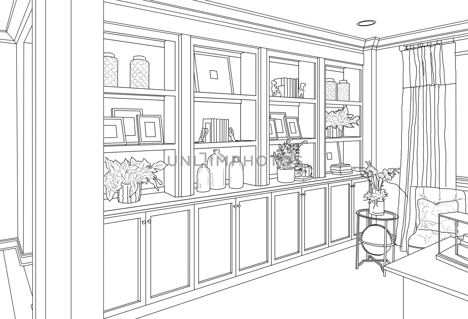 Detailed Drawing of Custom Living Room Built-in Shelves and Cabinets.