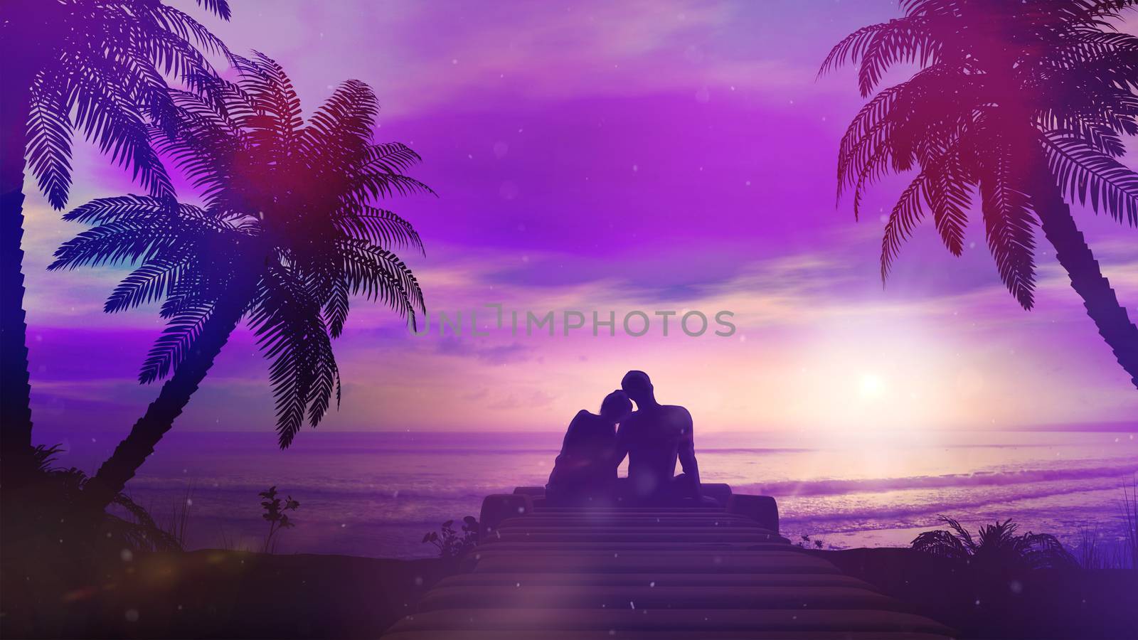 A beautiful romantic illustration that displays a happy couple is greeted by a dawn by the ocean.