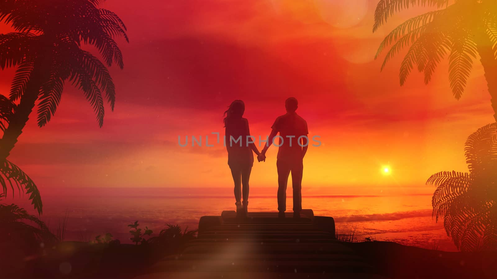 Romantic Couple Watching The Red Sunset In The Ocean by ConceptCafe